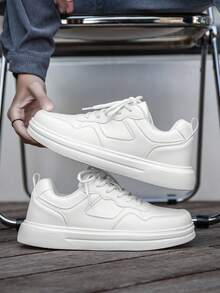 Men's Minimalist White Low-Top Skateboard Shoes, Comfortable Thick Sole Lace-Up Casual Sneakers For Daily Wear, Commuting, Travel, Gathering And Sports - White - View 8