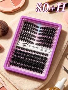 12-Row Purple D-Curl Eyelash Clusters, 80D Mixed DIY Lash Extensions, Fluffy High-Capacity Segmented Single Clusters, Exaggerated Voluminous Clump Lashes, Suitable For Enlarging Eyes, Home, Party, Stage Makeup - Multicolor - View 5