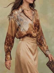 Women's Autumn Outfit, Business Casual Women's Clothing, Women's Autumn Wear, Spring/Autumn Women's Shirts, Vintage Floral Print Long Sleeve Turn-Down Collar Button-Up Blouse, Slimming Business Casual, Suitable For Commute/Holiday/Teacher's Day, Halloween Women's Clothing, Women's Vacation Wear - Brown - View 5