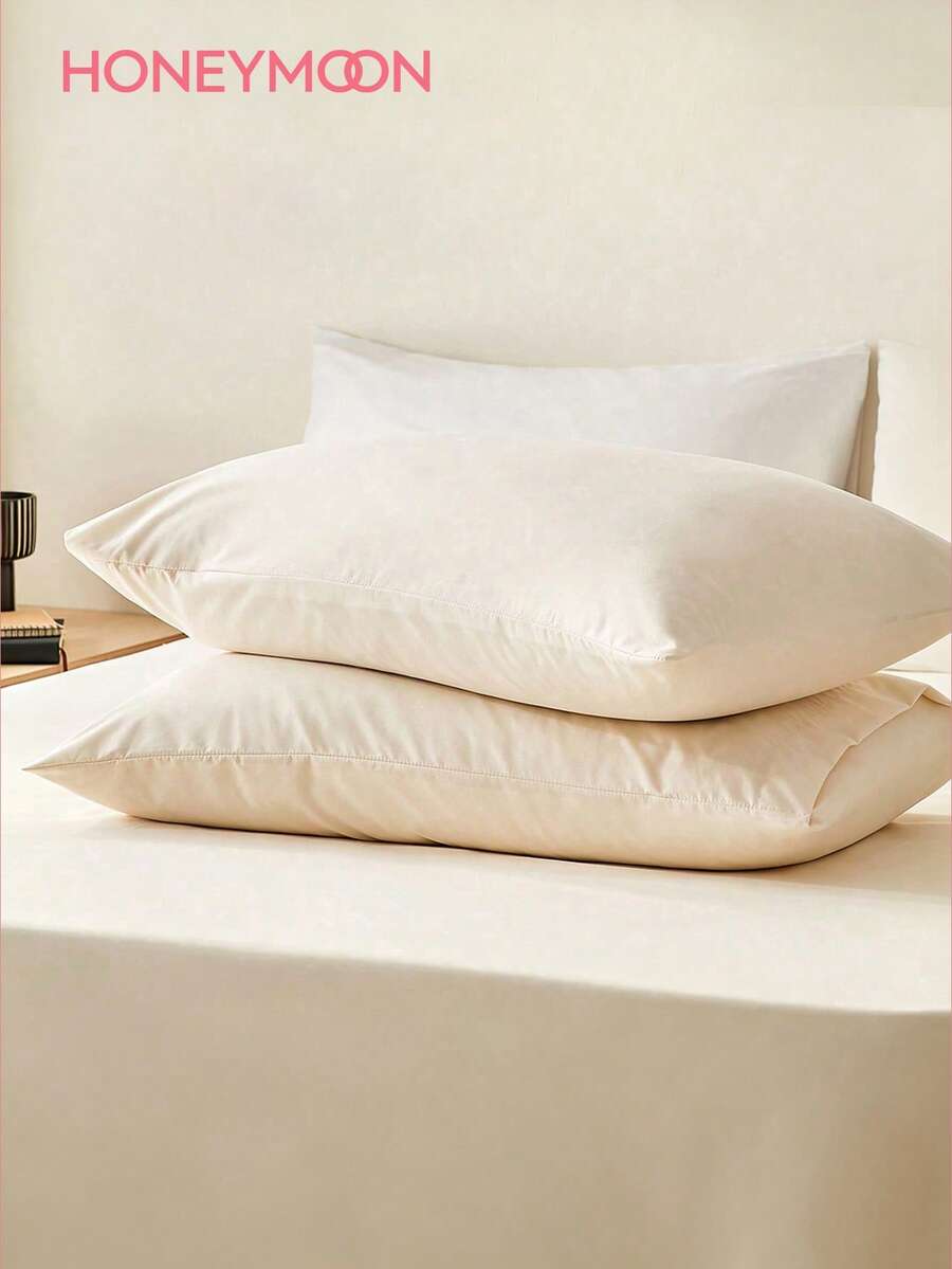 HONEY MOON 2件組超柔軟純色枕套,柔軟透氣,信封式封口,抗皺,無填充物,適用於T/F/Q/K尺寸家居與宿舍,奶油白 - 米色 - 查看 1