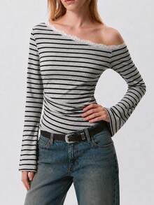Women's Casual Striped Asymmetrical Shoulder Top With Lace Patchwork, Single Strap, Ruched Waist And Flared Sleeves - Light Grey - View 2