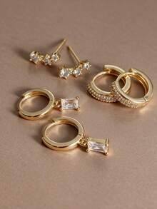 CHICAT 6pcs/Set Gold Earrings Set, Women's Stackable Earrings, Niche Design Crystal Pendant Hoop & Stud Earrings Combination, High-End Zirconia Earrings, European & American Minimalist Versatile Jewelry Gift, Suitable For Daily Wear - Gold - View 1