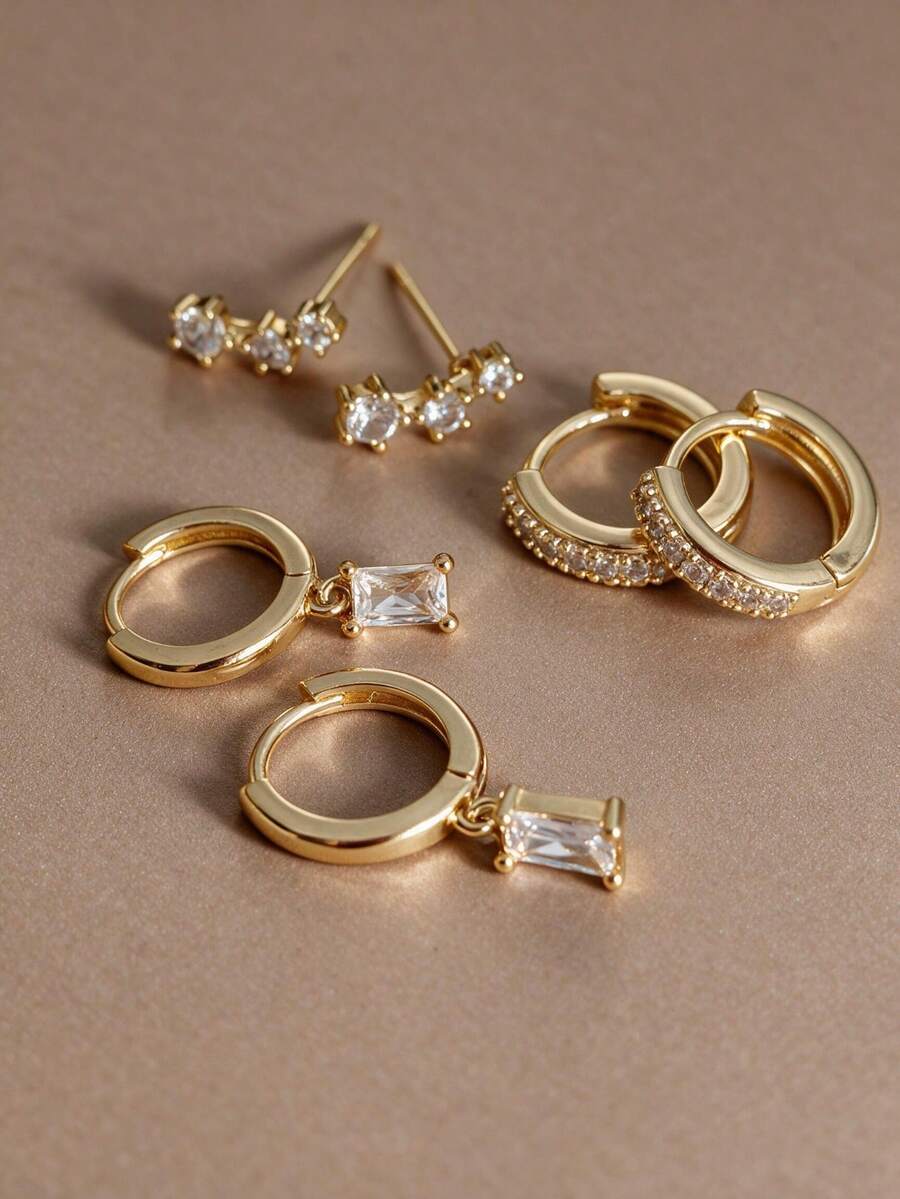 CHICAT 6pcs/Set Gold Earrings Set, Women's Stackable Earrings, Niche Design Crystal Pendant Hoop & Stud Earrings Combination, High-End Zirconia Earrings, European & American Minimalist Versatile Jewelry Gift, Suitable For Daily Wear - Gold - View 1