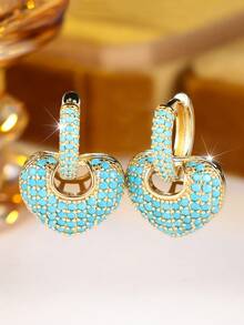 Vanel 1 Pair Bohemian Vintage Heart Lock Hollow Earrings For Women, Suitable For Daily Wear, Beach Vacation, Party, Outing - Golden-blue - View 3