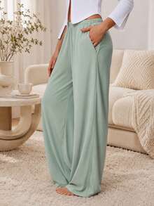 Sodalemon Women's Solid Color Casual Comfortable Wide Leg Pocket Pajama Pants, Elastic Waist Full Length Lounge Pants - Mint Green - View 8
