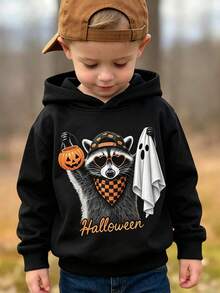 Young Boy Halloween Cartoon Raccoon And Pumpkin Ghost Print Sweatshirt Sweatshirt, Autumn/Winter - Black - View 1
