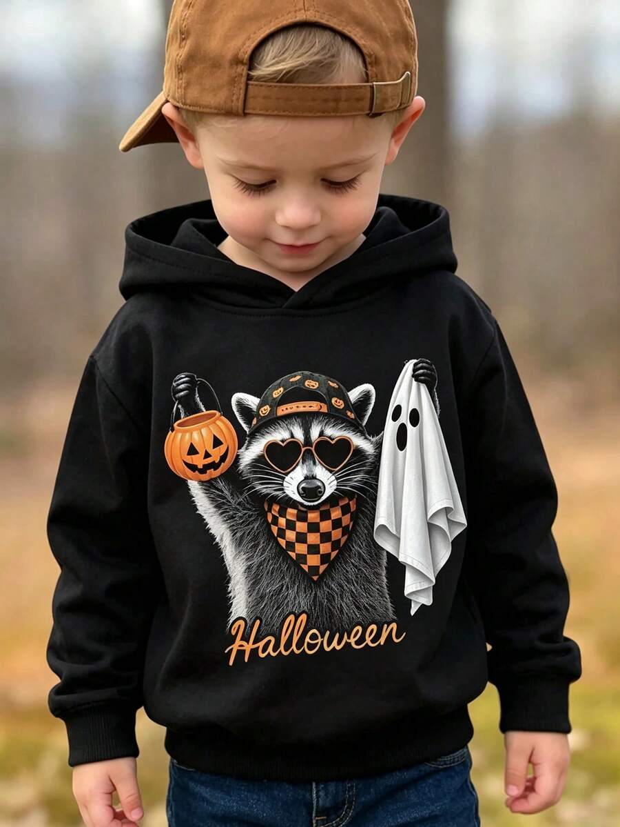 Young Boy Halloween Cartoon Raccoon And Pumpkin Ghost Print Sweatshirt Sweatshirt, Autumn/Winter - Black - View 1