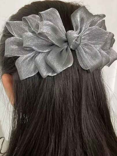1pc Fashion Elegant Mesh Solid Color Grey Pink Phoenix Tail Hair Clip Flower Bow Spring Clip Women Hair Accessories Suitable For Party, Ball, Dress Outfit, Outing, Travel, Mother's Day Gift
