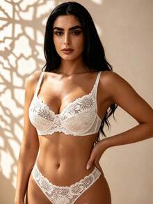 Temptuelle Women's Lace Patchwork Jacquard Wavy Underwire Supportive Push-Up Bra - White - View 3