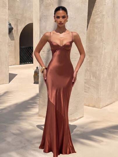 Elegant Spaghetti Strap Exquisite Flat Cup Back Tie Satin Lightweight Formal Long Dress
