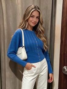Women's Autumn/Winter Ribbed Knit Solid Color Batwing Sleeve Cardigan, Batwing Sleeve Knit Cardigan, Batwing Sleeve Top, Autumn Fall - Royal Blue - View 8