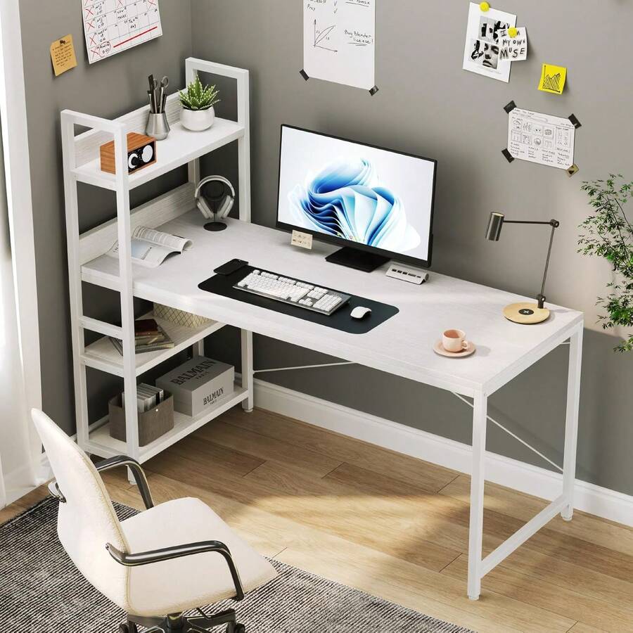 Schreibtisch mit 4-Tier Seitlichem Regal, 120 cm Breiter Computertisch mit Ablage, Stabil Bürotisch mit Metallgestell, Einfache Montage für Home Office - Weiß/140 x 56 x 120 cm - Übersicht 1