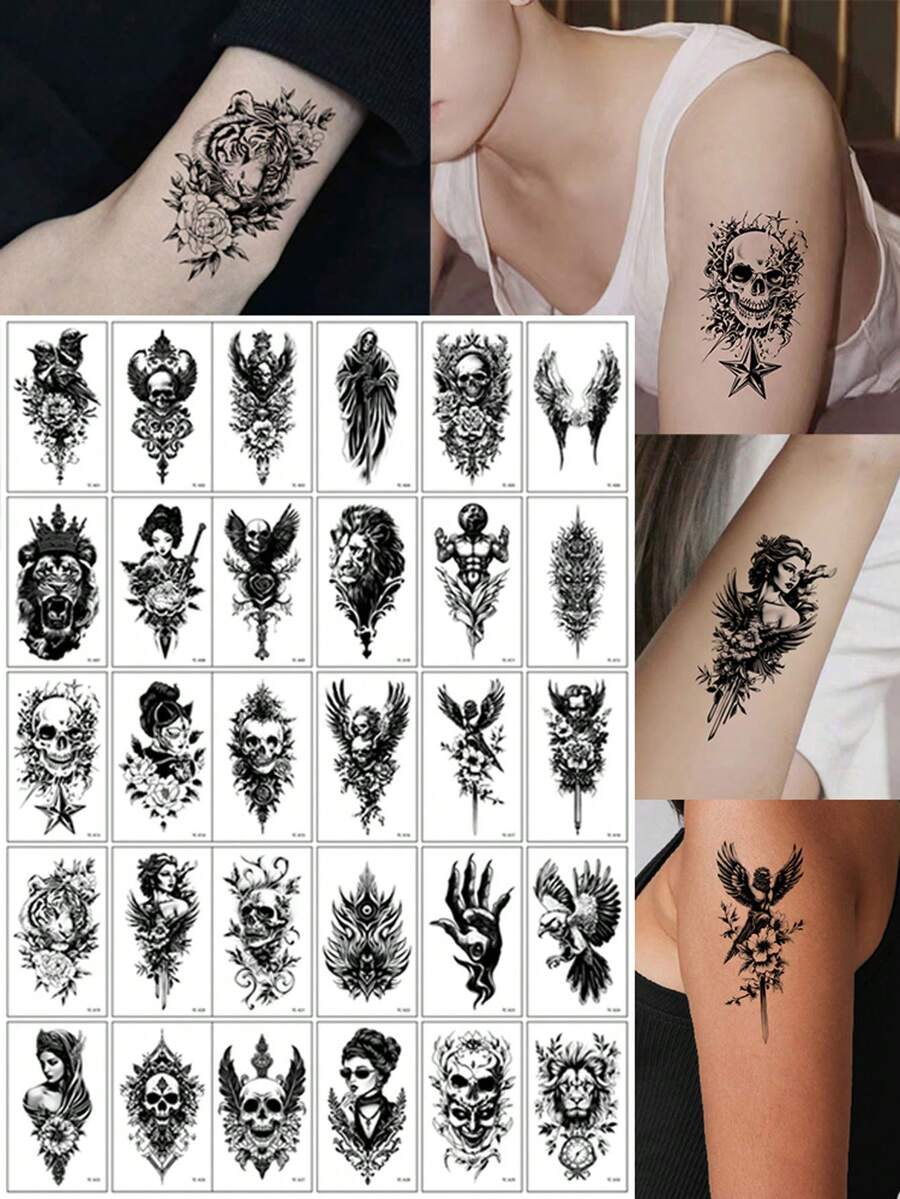 30pcs Black Waterproof Tattoo Stickers, Temporary Tattoo Stickers With, Skull, Lion, Tiger Small Patterns, Suitable For Hands And Bodies Men And Women Decor - Black - View 1