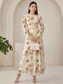 Vestido elegante de mujer con cuello redondo, mangas acampanadas y plisado en estilo tie-dye - Amarillo - Ver 1