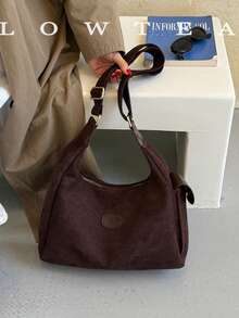 low tea 1pc Minimalist Crescent-Shaped Suede Fabric Shoulder Bag, Adjustable Strap, Suitable For Commuting, Shopping, Etc. - Coffee - View 7