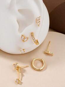 CHICAT 6Pcs Golden Synthetic Zirconia Ear Stack Earrings Set For Women, Marquise Studs, Ear Climber And Pave Huggie Hoop, Multiple Piercing Cartilage Jewelry - Gold - View 1