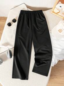 Tween Boy Casual Minimalist Versatile College Style Black Long Pants With Diagonal Pockets, Suitable For Vacation, Travel, Sports, School And Daily Wear - Black - View 2