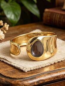1pc European & American Punk Style Gold Polished Asymmetric Water Drop Open Wide Cuff Bracelet, Women's Luxury Niche High-End Elegant Bangle - Teardrop Bracelet - View 7