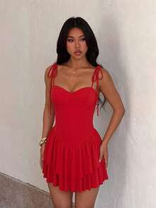 Autumn Solid Color Spaghetti Strap Mini Dress Elegant Dress Party Date - Red - View 4