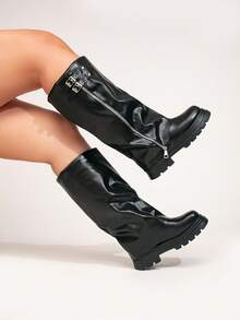 Women's Wide Toe Box Thick Sole High Shaft Slouch Boots With Belt Buckle Decor, Inner Zipper, Loose Wide Leg Opening, Motorcycle Style Long Boots, Autumn - Black Leather Zipper - View 5