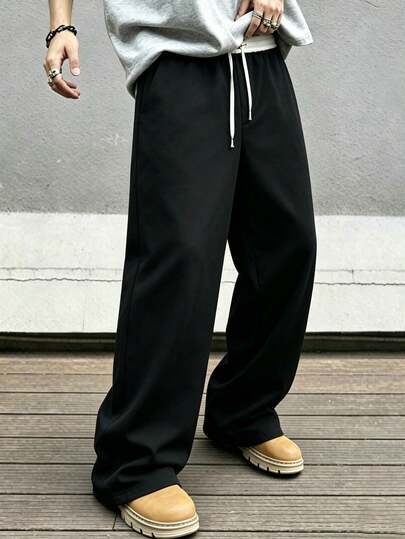 Men's Black Urban Casual Wide Leg Pants, Contrast Waistband With Minimalist Details, Loose Fit, Suitable For Street Style And Vacation Sports