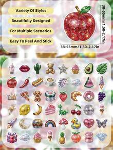 50/100pcs Y2K Disco Style Stickers, Including Fruits, Animals, Snacks And Icons, Shiny Tile Texture, Suitable For Scrapbooking - Multicolor - View 5