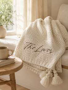 1pc Personalized Script Embroidery Knitted Blanket, Custom Text Tassel Trim Knit Throw, Multi Color Selection, Decorative Bedding Cover, Ideal Holiday Gift For Housewarming, For Partners, Close Friends, Family Members - Multicolor - View 2