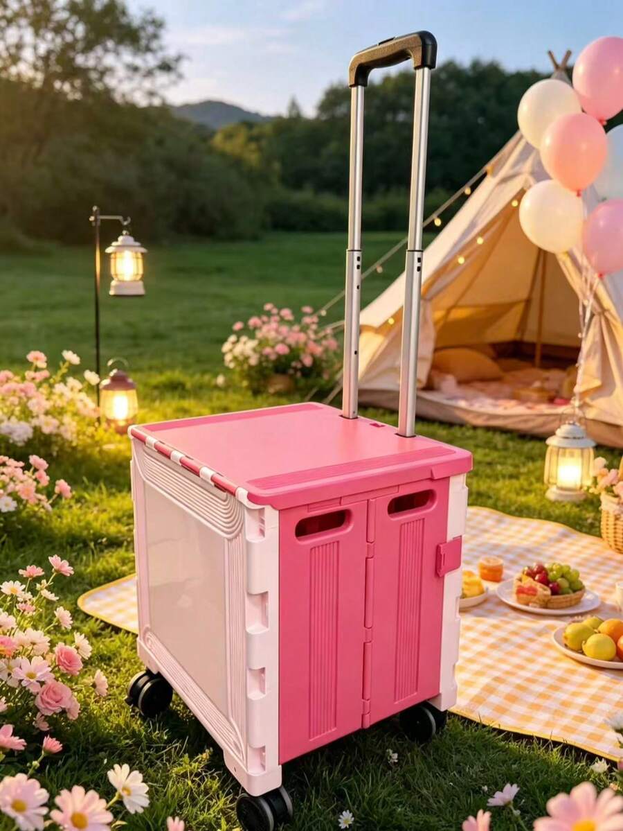 Foldable Multi-Function Rolling Storage Cart Shopping Trolley, Pink | Lockable Foldable Tool Box With Lid, Rolling Storage Box With Wheels, Suitable For Shopping, Travel, Garden, Store, Office, Luggage, Teachers