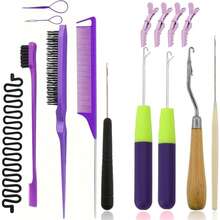 Nalexmi Crochet Hooks For Hair, 15 PCS Latch Hook Crochet Needle Set For Braiding, Locs, Dreadlocks And Passion Twist Extensions, With Tail Comb And Duckbill Hair Clips, Purple Styling Kit - Multicolor - View 15