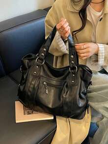 時尚人造皮革大容量手提托特包 通勤單肩斜跨女包，適合外出、購物、旅行 - 黑色 - 查看 5