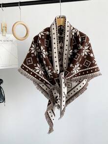 1PcWomen Winter Snowflake Geometric Print Fringe Triangle Shawl, Soft Imitation Cashmere Warm Wrap Scarf, Versatile Outer Cape For Fall Daily Outfit - Multicolor - View 5