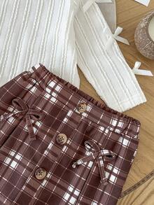 Baby Girls 2pcs Set Autumn/Winter Outfit Cute Fashion Versatile Cartoon Bow Decor Knitted Jacquard Round Neck Long Sleeve Solid Color Top + Button Decor Plaid Skirt Skort Vintage Set Suitable For Outdoor Wear - Apricot - View 8