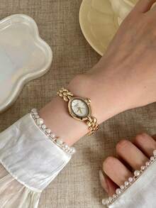 1pc Exquisite White Oval Small Dial Unique Gold Strap Thin Bracelet Vintage Style, Suitable For Women's Daily Wear - Gold - View 4