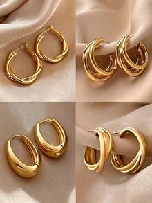 10pcs Old Money Style Metal Vintage Earrings For Women, Niche Stud Earrings With Premium Feel, Daily Outfit Accessories (Random Styles) - Yellow Gold - View 3