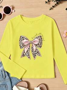 Girls Cotton Twill Long-Sleeved T-Shirt, Autumn/Winter Style, With Leopard-Print Bow Design, In A Cute And Sweet Preppy Style - Bright Yellow - View 3