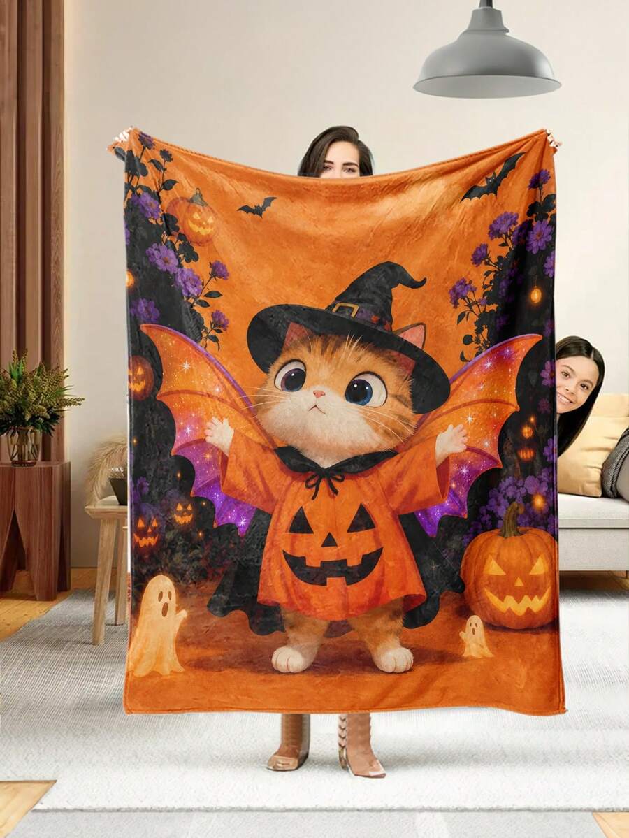 1pc Soft And Comfortable Halloween Flannel Blanket, 2D Printed Blanket For Office Nap, Sofa And Bed Decor, Outdoor Camping Leisure Blanket, Suitable As Gift For Family And Friends - Multicolor - View 1