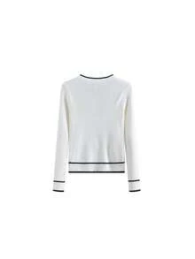 Elegant Round Neck Knit Cardigan Women Colorblock Design Fitted Long Sleeve Top - White - View 10