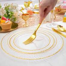 Set Peralatan Makan Mewah 10/20/25 Buah dengan Pinggiran Emas Hitam, Piring Dapat Digunakan Kembali Ukuran 7,5 Inci/10,25 Inci, Piring Makan, Piring Buah dan Camilan, Piring Makanan Penutup dan Salad, Piring Keju dan Permen, Peralatan Makan Multifungsi, Cocok untuk Pesta, Pernikahan, Ulang Tahun, Piknik, dan Acara Liburan, Mudah Dibersihkan dan Tahan Lama, Cocok untuk Tata Letak Meja di Rumah dan Acara Modis. Piring Plastik, Baki, Piring Kue, Dekorasi, Baki - B - View 5