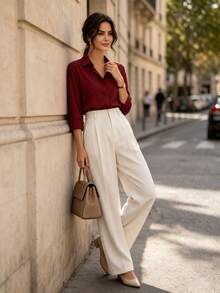 High Waist Wide Leg Casual Suit Pants - Front Pleated Flowy Long Pants Women's Slim Fit Draped Long Pants White - White - View 2