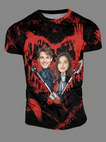 Black Bloodstain Print Customized Photo Men's Short Sleeve T-Shirt, Personalized Halloween Holiday Party Outfit - Multicolor - View 3