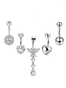 5pcs Elegant Multi-Style Rhinestone Belly Button Rings, Suitable For Daily Wear And Summer Beach Body Piercing Jewelry, Exquisite Sparkling Piercing Jewelry Set - Silver - View 2