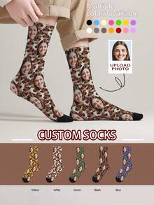 1 Pair Customizable Men's Mid-Calf Socks With Face Pattern, Personalized Photo Socks With Any Face Printed On Socks, Fun Custom Image Mid-Calf Socks, Suitable For Valentine's Day, Birthday, Gift-Giving, Day Of The Dead, Halloween And Other Occasions, Personalized Customization - Multicolor - View 5