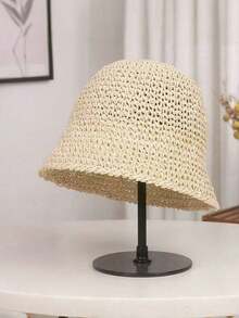 1pc Women's Solid Color Handmade Straw Hat, Beach Sun Protection Straw Hat, Suitable For Daily, Vacation, Beach, Bohemian - Multicolor - View 5
