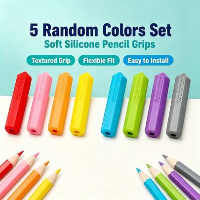 5pcs Chewable Silicone Pencil Caps, Random Color Sensory Pencil Grips With Textured Ridges, Soft Flexible Tip Protectors, Suitable For Autism, ADHD, Children, School And Office