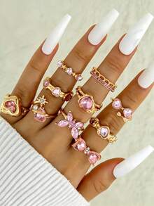9/18Pcs/Lot Fashion Exquisite Sweet Heart-Shaped Pink Rhinestone Oil Drop Rings For Women Men Holiday Party Gifts Daily Wearing Jewelry Accessories - Pink Rhinestone Cat's Eye Gold Ring - View 7