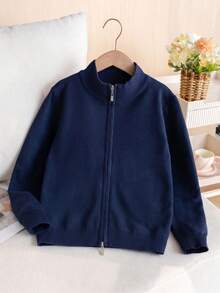 Tween Girl Casual Minimalist Solid Color Stand Collar Long Sleeve Double Zipper Knit Cardigan Sweater Jacket Suitable For Daily Casual Campus Outdoor Spring Autumn Winter - Navy Blue - View 2
