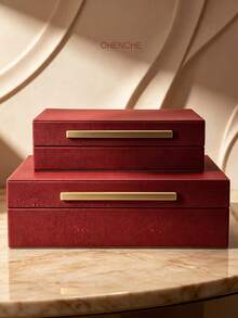 2pcs Set Different Sizes Stingray Pattern PU Leather Jewelry Boxes, Burgundy And Beige Rectangular Box Body With Brushed Gold Bar Handle, Soft Velvet Lining, Luxury Jewelry Storage Organizer, Suitable For Vanity Bedroom Decor Holiday Gift - OFF-white - View 11