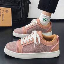 Sepatu Sneakers Pria dan Wanita Model Low Top Bertali dengan Hiasan Berlian Imitasi dan Patchwork, Sol Tebal, Sepatu Kasual Cocok untuk Perjalanan Sehari-hari, Gaya Jalanan, dan Jalan-jalan Akhir Pekan - Berwarna merah muda - View 4