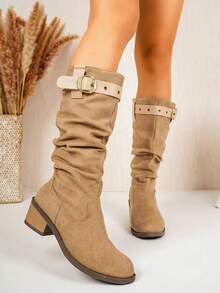 Women's Faux Suede Tall Boots With Buckle, Chunky Heel, Western Style, Ruched Stacked Boots, Commuter Boots - Khaki - View 4