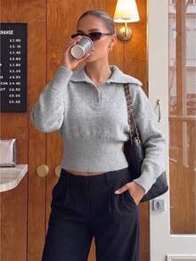 Women Lapel Collar Half Button Crop Sweater Drop Shoulder Long Sleeve Ribbed Hem Fitted Waist Knit Jumper Casual Streetwear Pullover - Grey - View 2